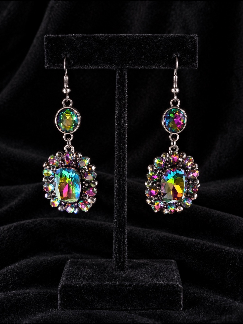 Iridescent Multicolor Crystal Drop Earrings Set in Gunmetal